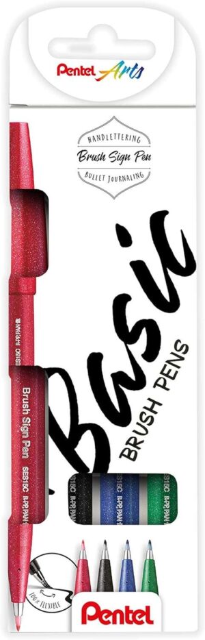 Pentel Brush Sing Pen Basic Pack de 4 Rotuladores con Punta de Pincel - Lineas Finas o Gruesas dependiendo de la Presion - Fabricados con 81% de Plasticos Recicldos - Colores Negro, Azul, Rojo y Verde