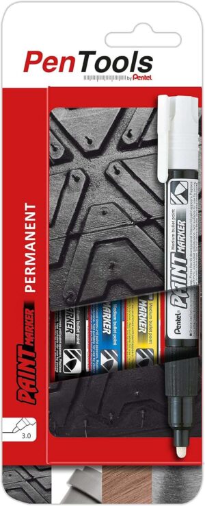Pentel PenTools Pack de 4 Rotuladores Permanentes Paint Marker - Punta Conica 4.6mm - Trazo 3mm - Impermeable, Resistente a la Luz - Secado Rapido - Colores Negro, Azul, Amarillo y Blanco