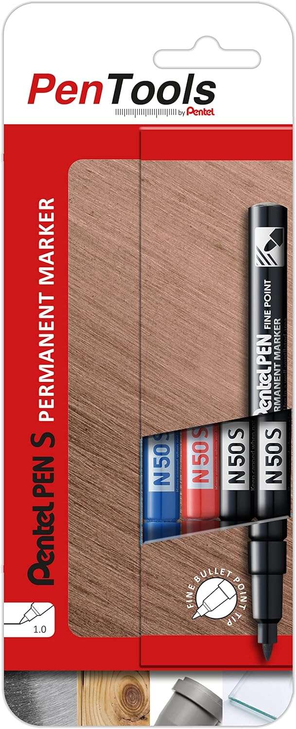 Pentel PenTools Pack de 4 Rotuladores Permanentes Industriales Pentel Pen N50S - Punta Conica Resistente y Duradera - Trazo 1mm - Resistente a Agua y Luz - Colores 2x Negro, Azul, y Rojo