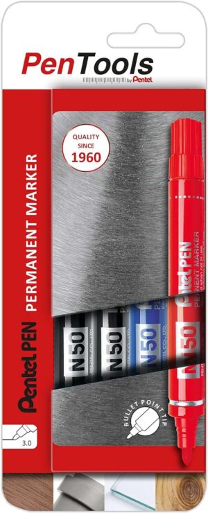 Pentel PenTools Pack de 4 Rotuladores Permanentes Industriales Pentel Pen N50 - Punta Conica Resistente y Duradera - Trazo 2mm - Resistente a Agua y Luz - Colores 2x Negro, Azul, y Rojo