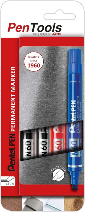 Pentel PenTools Pack de 4 Rotuladores Permanentes Industriales Pentel Pen N60 - Punta Biselada Resistente y Duradera - Trazo 1,5-7mm - Resistente a Agua y Luz - Colores 2x Negro, Azul, y Rojo
