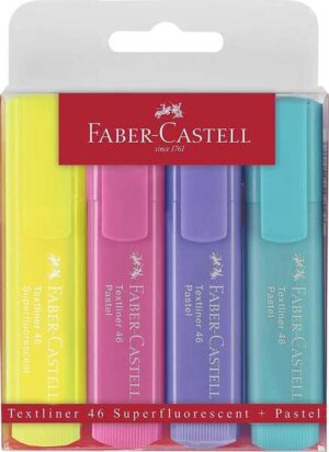 Faber-Castell Textliner 46 Pastel Pack de 4 Marcadores Fluorescentes - Punta Biselada - Trazo entre 1mm y 5mm - Tinta con Base de Agua - Colores Surtidos