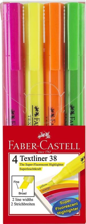 Faber-Castell Textliner 38 Pack de 4 Marcadores Fluorescentes - Cuerpo Fino - Punta Biselada - Trazo Grueso y Fino - Tinta con Base de Agua - Colores Surtidos