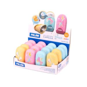 Milan Capsule Roller Expositor de 16 Afilaborras Capsule con Goma de Borrar - Cuchilla de Seguridad - Colores Azul, Rosa y Amarillo