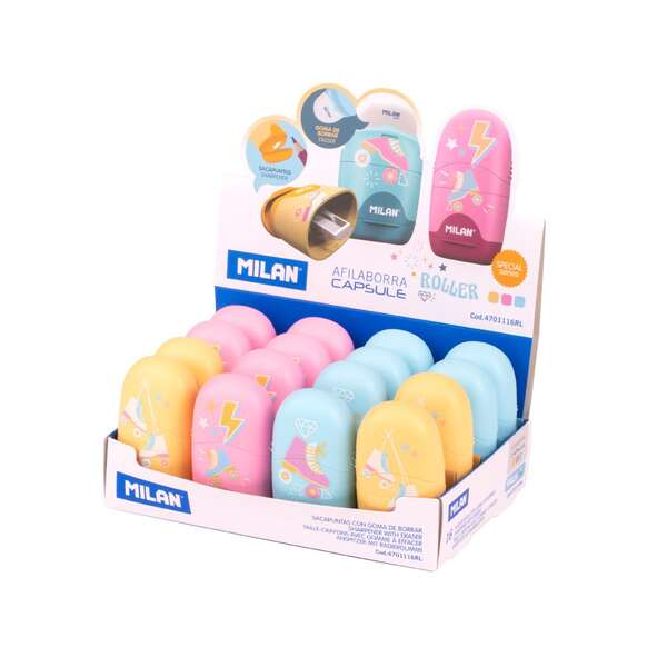 Milan Capsule Roller Expositor de 16 Afilaborras Capsule con Goma de Borrar - Cuchilla de Seguridad - Colores Azul, Rosa y Amarillo
