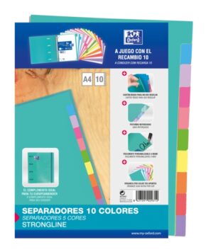 Oxford Strongline A4 Separadores - 10 Posiciones de Diferentes Colores - 4 Taladros - Cartulina 200gr