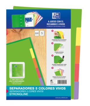 Oxford Strongline A4 Separadores 5 Posiciones - 4 Taladros - Cartulina 200gr - Colores Surtidos