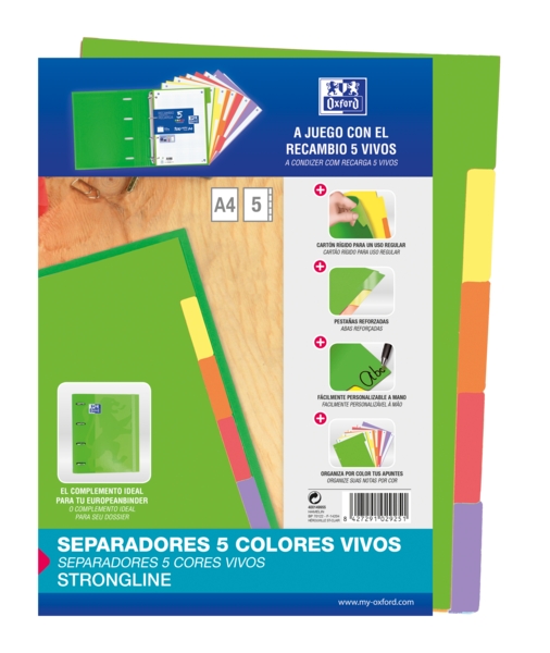 Oxford Strongline A4 Separadores 5 Posiciones - 4 Taladros - Cartulina 200gr - Colores Surtidos