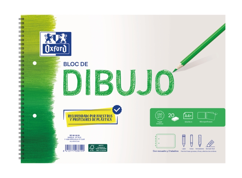 Oxford Dibujo Escolar Bloc Espiral Dibujo A4+ - Tapa Blanda/Contratapa Rigida - 20 Hojas 130gr - con Recuadro y 2 Taladros