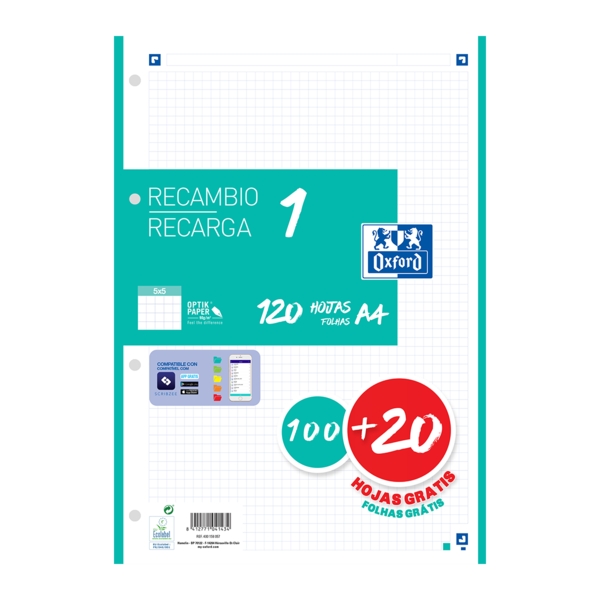 Oxford School Recambio A4 120 Hojas Cuadricula 5x5mm - 4 Taladros - Banda de Color Ice Mint