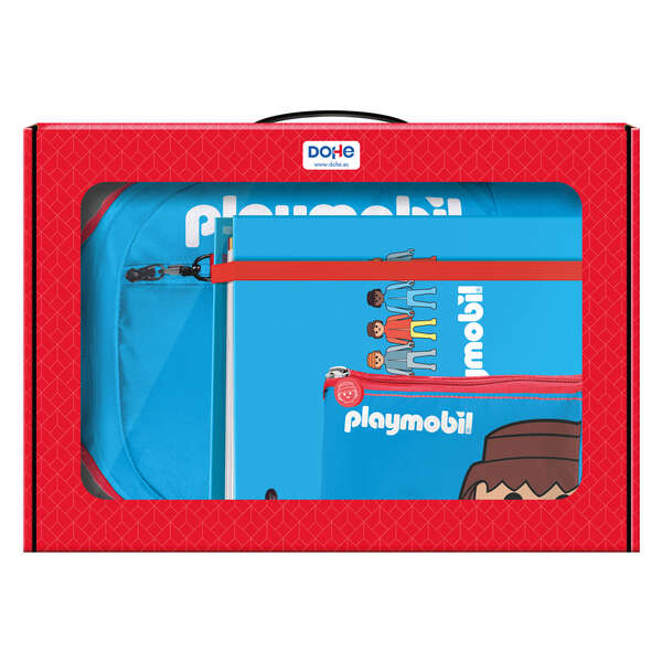 Dohe Pack Mochila, Carpeta y Portatodo Playmobil - Maletin Regalo 365x515x105mm - Carpeta A4 Recambio - Mochila 3 Compartimentos Grande - Portatodo Triple
