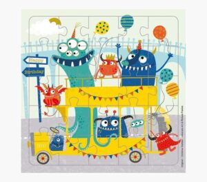 Pictura Tarjeta Puzzle Monstruos de 25 Piezas + Tarjeta Plegada - Troquelado - 15.5x15.5cm - Incluye Sobre Blanco y Envoltorio de Celofan - Papel con Certificacion FSC