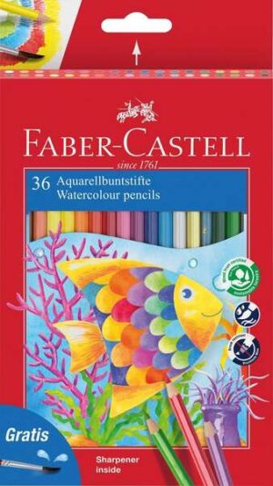 Faber-Castell Classic Colour Acuarelable Pack de 36 Lapices de Colores Hexagonales Acuarelables + Pincel - Resistencia a la Rotura - Colores Surtidos