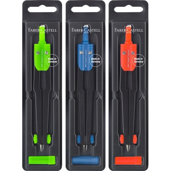 Faber-Castell Compas Escolar - Circunferencias de hasta Ø 360mm - Incluye Bote de Minas - Colores Surtidos