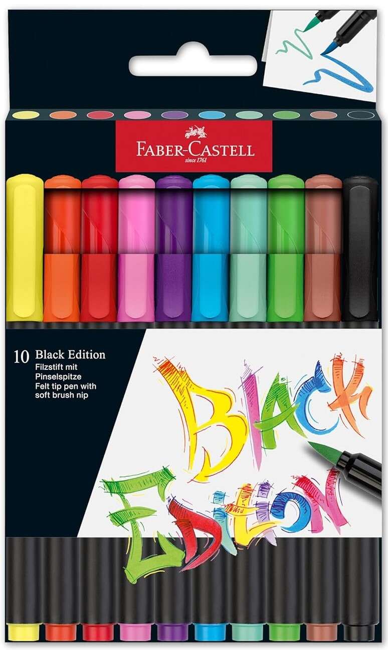 Faber-Castell Black Edition Pack de 10 Rotuladores Punta Pincel - Tinta a Base de Colorantes Alimentarios - Colores Surtidos