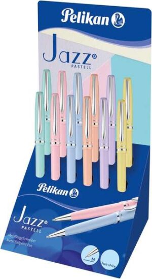 Pelikan Jazz Pastel Expositor con 12 Boligrafos con Mecanismo de Giro - Punta Mediana - Cuerpo Lacado - Recargable - Color Pastel Surtidos