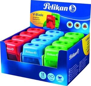 Pelikan V-Blade Sacapuntas Doble Orificio + Deposito - Colores Azul, Rojo y Verde