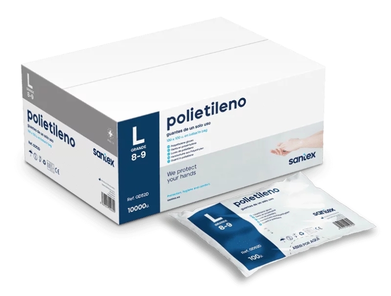 Santex Polietileno Pack de 100 Guantes de Polietileno Talla L - Sin Polvo - Libre de Latex - No Esteriles - Transparentes