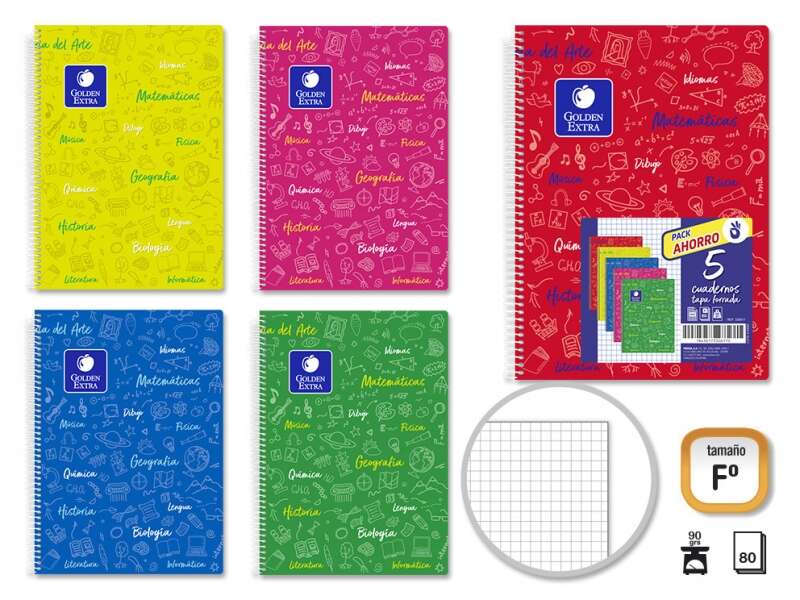 Golden Pack de 5 Cuadernos Folio 80 Hojas 90gr Cuadricula 4x4 - Resistente - Ideal para Estudiantes - Tapa Forrada - Colores Surtidos
