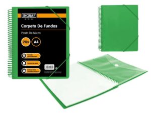 Ingraf Carpeta 20 Fundas A4 + Sobre con Broche - Espiral Plastica Indeformable - Apertura 360 Grados - Portada Personalizable - Color Verde