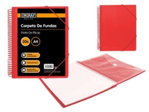 Ingraf Carpeta 30 Fundas A4 + Sobre con Broche - Espiral Plastica Indeformable - Apertura 360 Grados - Portada Personalizable - Color Rojo