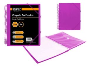 Ingraf Carpeta 50 Fundas A4 + Sobre con Broche - Espiral Plastica Indeformable - Apertura 360 Grados - Portada Personalizable - Color Morado