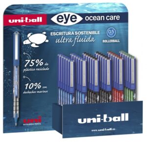 Uni-ball Eye Ocean Care UB-150ROP Expositor de 36 Boligrafos de Tinta Liquida - Punta de Bola 0.5mm - Tinta Pigmentada Resistente al Agua y Luz - Sistema de Control de Tinta - Color Surtido