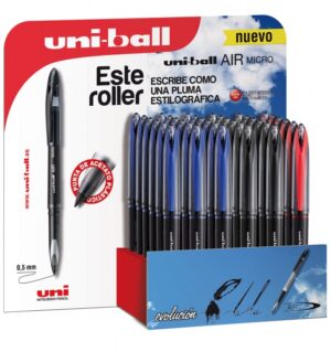 Uni-ball Air Micro 188 Expositor de 36 Rollerballs - Punta de Acetato Plastico 0.5mm - Escribe como Pluma Estilografica - Tinta Pigmentada Resistente al Agua y Luz - Colores Surtidos