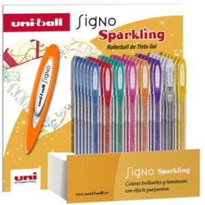 Uni-ball Signo Sparkling Expositor de 48 Boligrafos de Tinta Gel - Punta de Bola 1mm - Tinta Pigmentada Resistente al Agua y Luz - Colores Surtidos