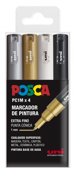 Posca PC1M Pack de 4 Marcadores de Pintura - Punta Conica de 0.7mm - Tinta Base al Agua - No Permanente - Resistente a la Luz - Inodoro - Ideal para Carteleria y Decoracion - Colores Plata, Oro, Blanco y Negro