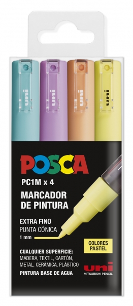 Posca PC1M Pack de 4 Marcadores de Pintura - Punta Conica 0.7mm - Tinta Base al Agua - No Permanente - Resistente a la Luz - Colores Surtidos Pastel
