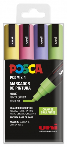 Posca PC-5M Estuche de 4 Marcadores de Pintura - Punta de Bala 1.8-2.5mm - Tinta Base al Agua - Resistente a la Luz - Color Surtido