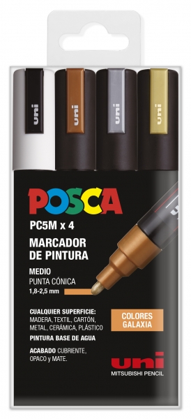 Posca PC-5M Estuche de 4 Marcadores de Pintura - Punta de Bala 1.8-2.5mm - Tinta Base al Agua - Resistente a la Luz - Color Surtido