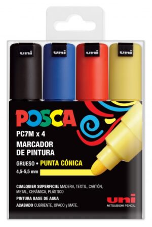 Posca PC-7M Estuche de 4 Marcadores de Pintura - Punta de Bala 4.5-5.5mm - Tinta Base al Agua - Resistente a la Luz - No Permanente - Color Surtido