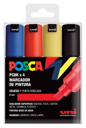 Posca PC-8K Estuche de 4 Marcadores de Pintura - Punta Biselada Acrilica 8mm - Tinta Base al Agua - No Permanente - Resistente a la Luz - Inodoro - Ideal para Carteleria y Decoracion - Color Surtido
