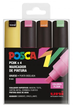 Posca PC-8K Estuche de 4 Marcadores de Pintura - Punta Biselada Acrilica 8mm - Tinta Base al Agua - Resistente a la Luz - Color Surtido