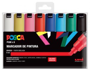 Posca PC-8K/8C Estuche de 8 Marcadores de Pintura - Punta Biselada Acrilica 8mm - Tinta Base al Agua - Resistente a la Luz - Color Surtido