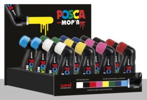 Posca MOP'R Expositor de 16 Marcadores de Pintura - Punta Redondeada de Gomaespuma - Ancho de Trazo 3-19mm - Multi Efectos - Tinta Base al Agua - Color Surtido