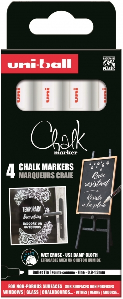 Uni-ball Chalk PWE-5M Pack de 4 Marcadores de Tiza Liquida - Punta Conica 1.8-2.5mm - Borrado en Humedo - Resistente a la Lluvia y Exteriores - Color Blanco