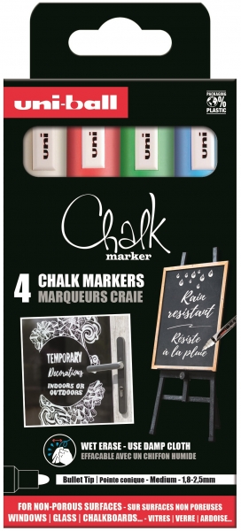 Uni-ball Chalk PWE-5M Pack de 4 Marcadores de Tiza Liquida - Punta Conica 1.8-2.5mm - Borrado en Humedo - Resistente a la Lluvia y Exteriores - Colores Blanco, Rojo, Azul y Verde