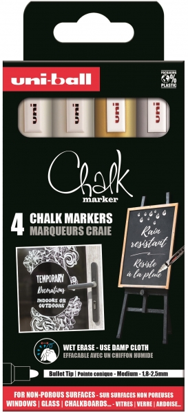 Uni-ball Chalk PWE-5M Pack de 4 Marcadores de Tiza Liquida - Punta Conica 1.8-2.5mm - Borrado en Humedo - Resistente a la Lluvia y Exteriores - Colores Blanco, Oro y Plata