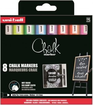 Uni-ball Chalk PWE-5M Pack de 8 Marcadores de Tiza Liquida - Punta Conica 1.8-2.5mm - Borrado en Humedo - Resistente a la Lluvia - Colores Surtidos