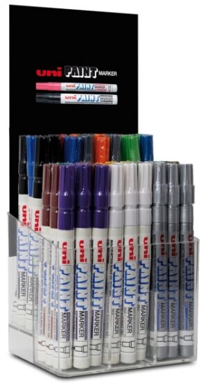 Uni-ball PX-21 Expositor de 54 Marcadores de Pintura - Punta Acrilica de Bala 0.8-1.2mm - Linea Fina - Cuerpo de Aluminio - Tinta Permanente Resistente a Luz y Agua - Colores Surtidos