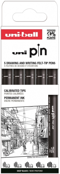Uni-ball Uni Pin Clasico II Pack de 5 de Rotuladores Calibrados 0.2, 0.4, 0.6, 0.8 y 1.0 - Punta Poliacetal - Tinta Pigmentada Resistente al Agua y Luz - Color Negro