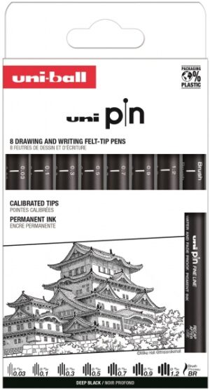 Uni-ball Uni Pin Clasico I Pack de 8 Rotuladores Calibrados 0.03, 0.1, 0.3, 0.5, 0.7, 0.9, 1.2 y Brush - Punta Poliacetal - Tinta Pigmentada Resistente al Agua y Luz - Color Negro