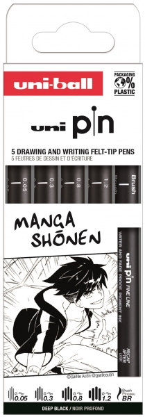 Uni-ball Uni Pin Manga Shonen Pack de 5 Rotuladores Calibrados 0.05, 0.3, 0.8, 1.2 y Brush - Punta Poliacetal - Tinta Pigmentada Resistente al Agua y Luz - Color Negro