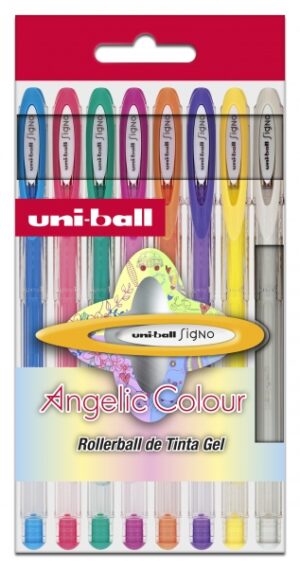 Uni-ball Signo Angelic Pack de 8 Rollers de Tinta Gel - Punta de Bola 0.7mm - Tinta Resistente al Agua y Luz - Escribe en Papel Negro y Blanco - Colores Surtidos
