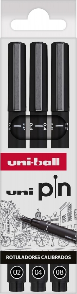 Uni-ball Uni Pin Pack de 3 Rotuladores Calibrados 0.2, 0.4, 0.8 - Punta Poliacetal - Tinta Pigmentada Resistente al Agua y Luz - Color Negro