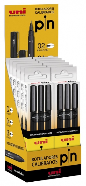 Uni-ball Uni Pin Expositor con 12 Estuches de 3 Rotuladores Calibrados 0.2, 0.4, 0.8 - Punta Poliacetal - Tinta Pigmentada Resistente al Agua y Luz - Ideal para Dibujo Profesional y Escritura - Color Negro