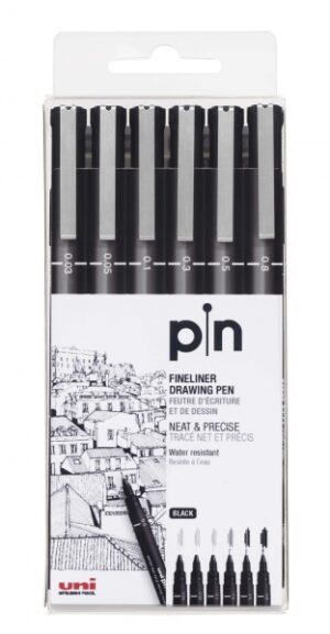 Uni-ball Uni Pin Pack de 6 Rotuladores Calibrados 0.03, 0.05, 0.1, 0.3, 0.5, 0.8 - Punta Poliacetal - Tinta Pigmentada Resistente al Agua y Luz - Ideal para Dibujo Profesional y Escritura - Color Negro